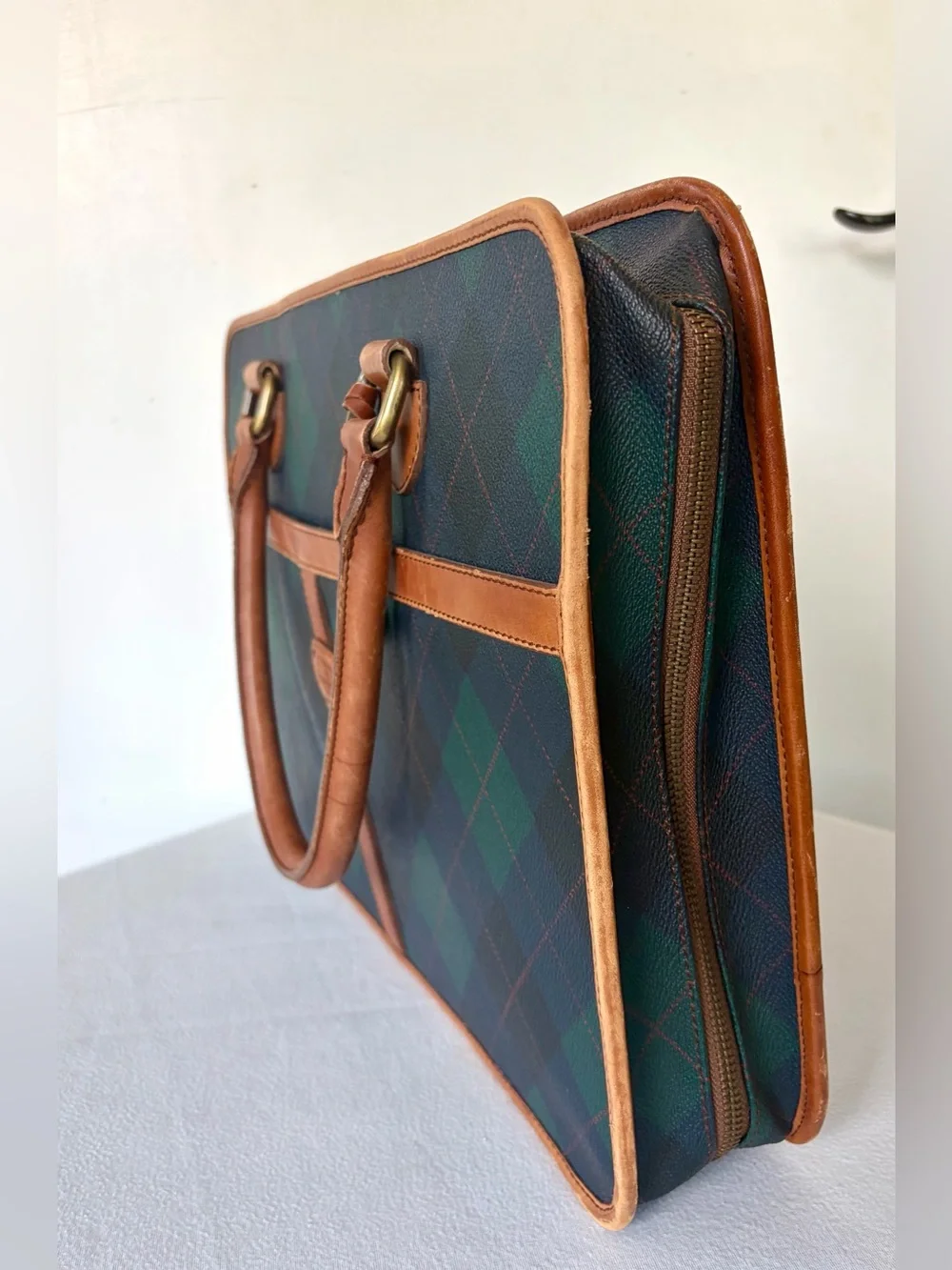 Pringle of Scotland VTG leather & coated canvas laptop bag, zip, brass, GUC